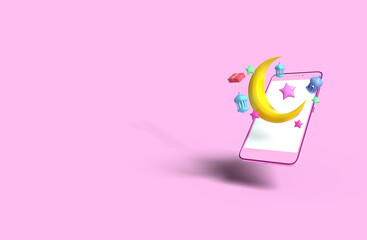 3d render. Ramadan kareem holiday. Yellow month and colorful stars fly out of the phone. Mobile app