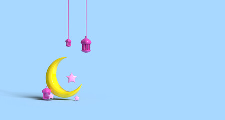 3d render. Ramadan kareem holiday. Yellow moon and pink stars on a blue background. Postcard or banner