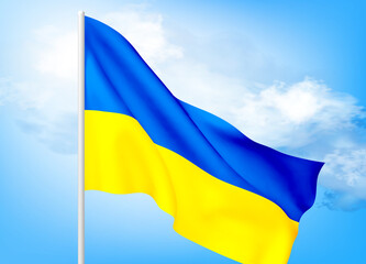 Flag of Ukraine against a clear blue sky. The symbol of patriotism of the Ukrainian nation, a blue-yellow silk banner, flutters in the rays of light. Vector 3d realistic illustration. Vector EPS10