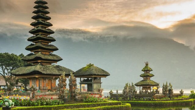 Ulun Danu Beratan Temple Bali - Bali's Iconic Lake Temple, is both a famous picturesque landmark and a significant temple complex on the western side of Beratan Lake in Bedugul. Bali, Indonesia