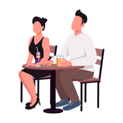 Man and woman enjoying drinks on first date semi flat color vector characters. Sitting figures. Full body people on white. Simple cartoon style illustration for web graphic design and animation
