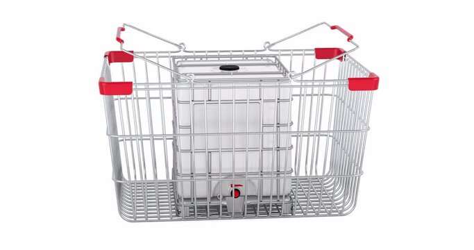 Intermediate bulk container adding to shopping basket, 3d animation. 3D rendering isolated on white background
