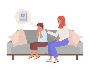 Kid scared of death semi flat color vector characters. Sitting figure. Full body people on white. Simple cartoon style illustration for web graphic design and animation. Bebas Neue font used