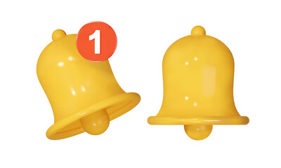 3D bell. Yellow bells, 1 new notification. Isolated object on a transparent background