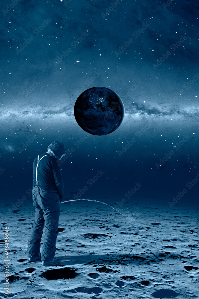 Aufkleber A man is standing on the lunar surface peeing towards the Planet Earth - The Earth as Seen from the Surface of the Moon milky way galaxy in the background 