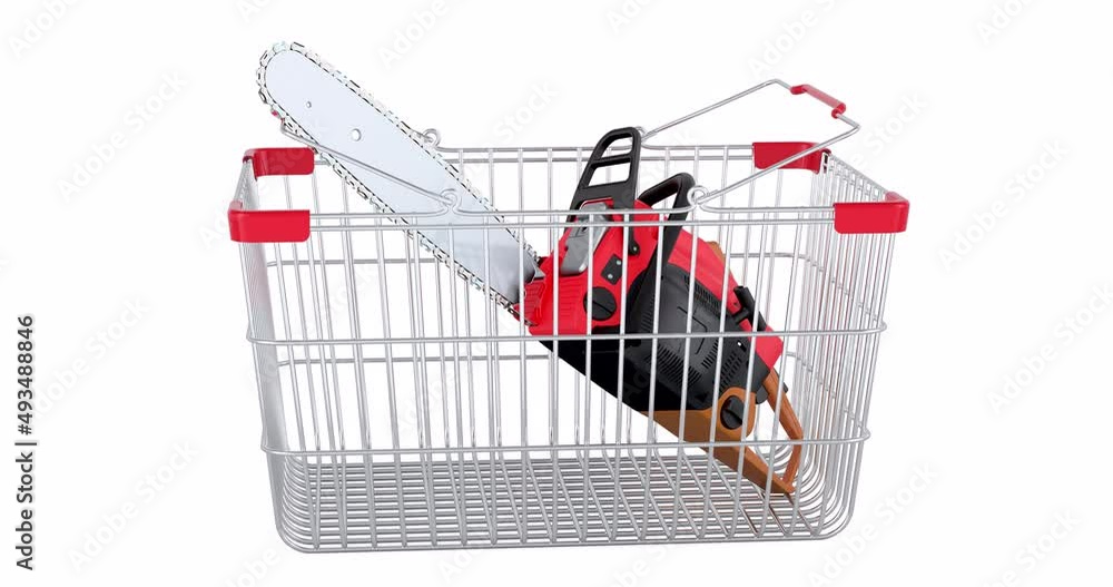 Poster chainsaw adding to shopping basket, 3d animation. 3d rendering isolated on white background