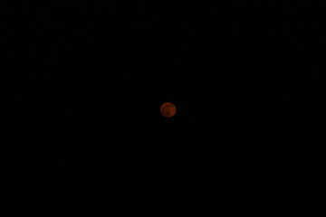 the moon has a reddish hue against a blue sky
