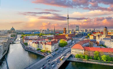 Berlin cityscape at sunset, Germany - obrazy, fototapety, plakaty