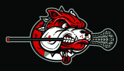 angry bulldog mascot biting a lacrosse stick for school, college or league