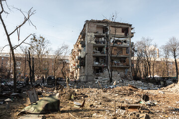 Damaged residential buildings in the aftermath of  shelling in Kyiv