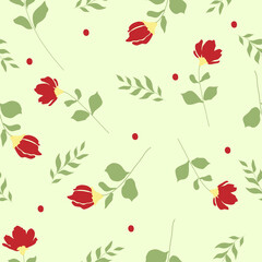 Red Flowers, Dots and Leaves on light green background Seamless Pattern, Vector Illustration