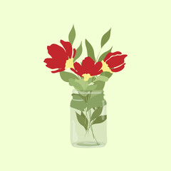 Jar with Red Flowers and Leaves on light green background, Vector Illustration, Easter, Mother's Day