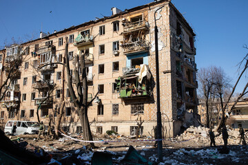 Damaged residential buildings in the aftermath of  shelling in Kyiv
