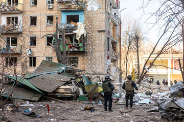 Damaged residential buildings in the aftermath of  shelling in Kyiv