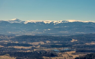 A view of the Karkonosze Mountains from the top of the Sokoliki Mountain in the Western Sudetes