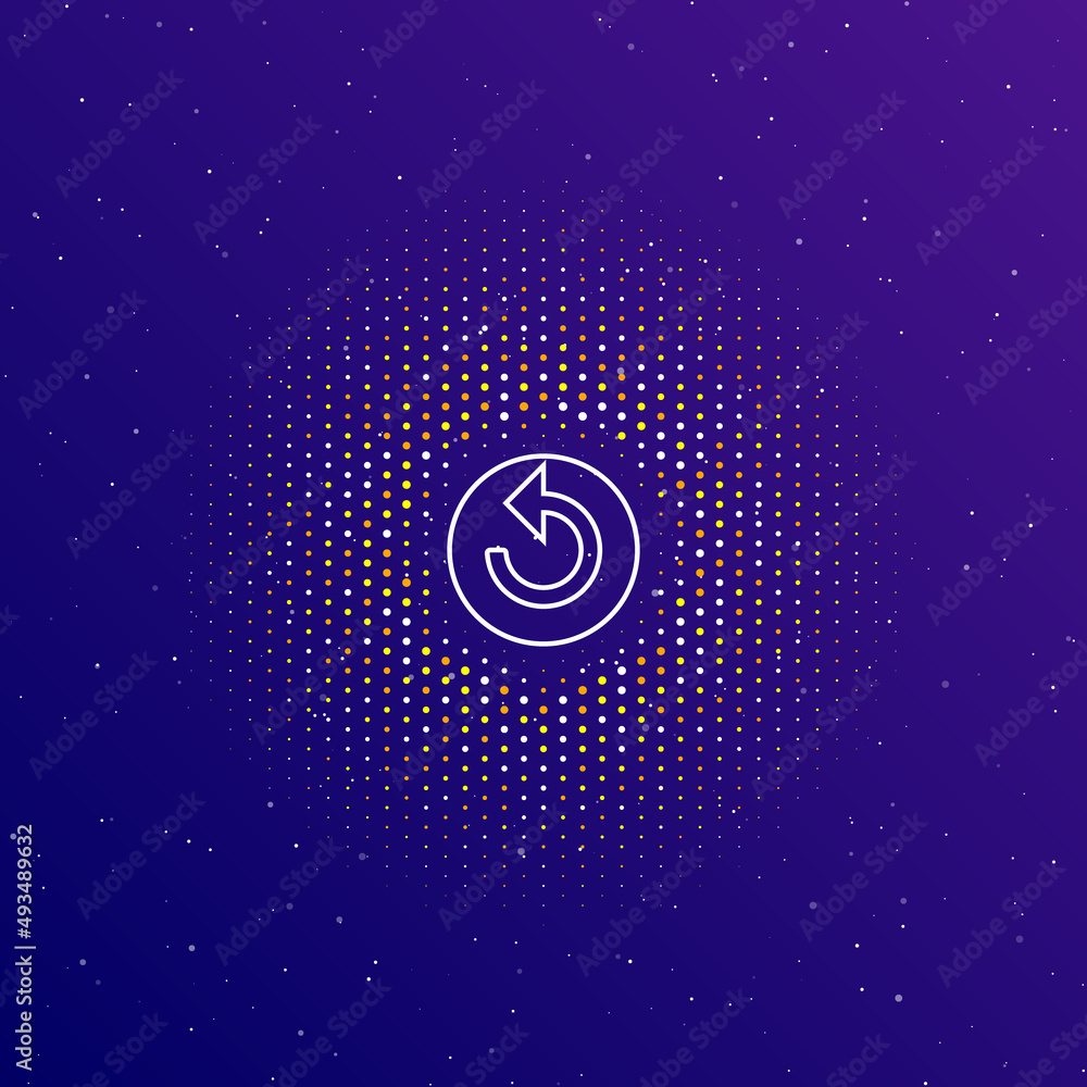 Poster a large white contour replay media symbol in the center, surrounded by small dots. dots of different