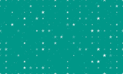 Seamless background pattern of evenly spaced white starfish symbols of different sizes and opacity. Vector illustration on teal background with stars