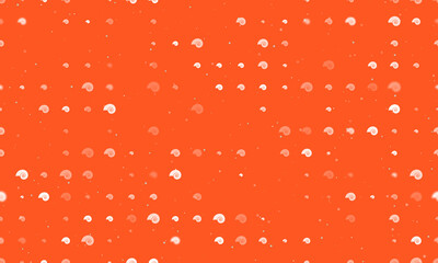 Seamless background pattern of evenly spaced white marine nautilus symbols of different sizes and opacity. Vector illustration on deep orange background with stars