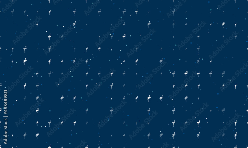 Poster seamless background pattern of evenly spaced white flamingos symbols of different sizes and opacity.