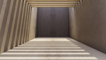 Empty space of Column Concrete Tunnel with warm light and shadow. Empty room cement warm light floor and surrounded walls, Tunnel concrete roof beams, 3d render.