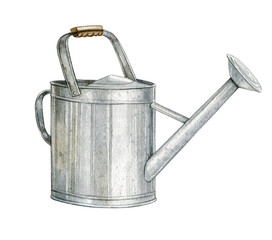 Farmhouse watering can clipart. Country farm gardening, Vintage rusty iron element. French style, galvanizedmetal watering can isolated on white background
