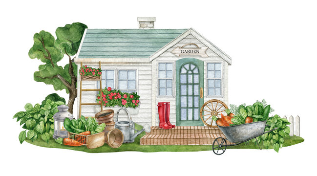 Watercolor summer gardening landscap.Cottage,Farm house logo.Spring landscape,Garden tool, Greenhouse decor,rusty watering can,flower pots, red rubber,wheelbarrow with vegetables