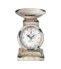 Watercolor rustic french-style white scale.Farmhouse decor clipart.Country farm kitchen weigher, white enamelware, Vintage rusty iron scale