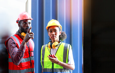A female engineer and a young African-American man monitor and supervises the loading of containers at a commercial shipping port.