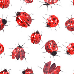 watercolor hand drawn ladybug pattern on a white background