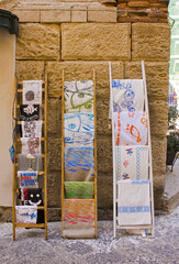 Textile sicilian souvenirs for sale in Syracuse, Sicily, Italy