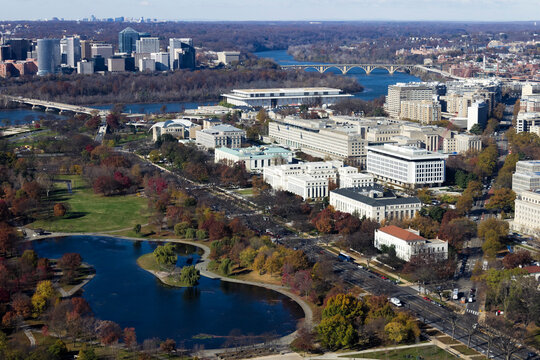 Aerial view overlooking the Foggy Bottom and Constitution Gardens, Washington DC