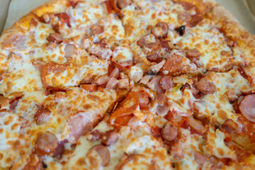 pizza cheese crust meat in a box topping sauce vegetables delicious fast food