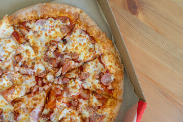 pizza cheese crust meat in a box topping sauce vegetables delicious fast food