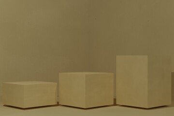 3d rendering. Set of abstract 3D room with yellow background, white cube steps pedestal podium set.