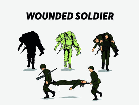 Military soldiers rescuing wounded teammate on battlefield. Vector illustration showing combat casualty evacuation, army teamwork and emergency rescue during war.