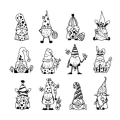Funny Easter garden gnomes isolated clip arts bundle, Cute dwarfs with Easter eggs and flowers, Easter kids characters, vector