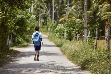 Foto op Aluminium Schoolboy in uniform is walking to school. Rear view boy with backpack on rural road in Sri Lanka.. © Chalabala