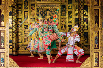 Masked giant dancing khon ramayana khon Ravana and Hanuman. Traditional ancient and classical dance traditions, literature and art tradition