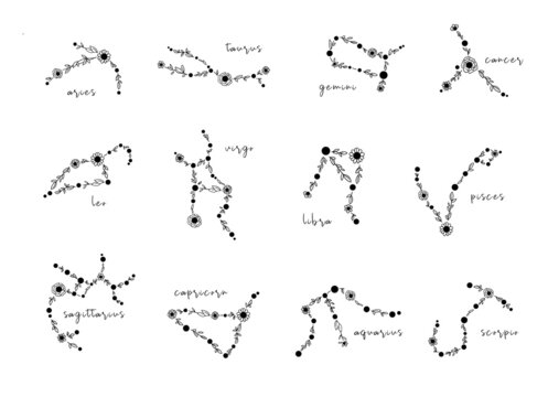 Zodiac hand drawn constellations isolated cliparts bundle, unique astrology sings illustration, esoteric mystical horoscope in black color, Libra Gemini Taurus Cancer Aries Leo Pisces