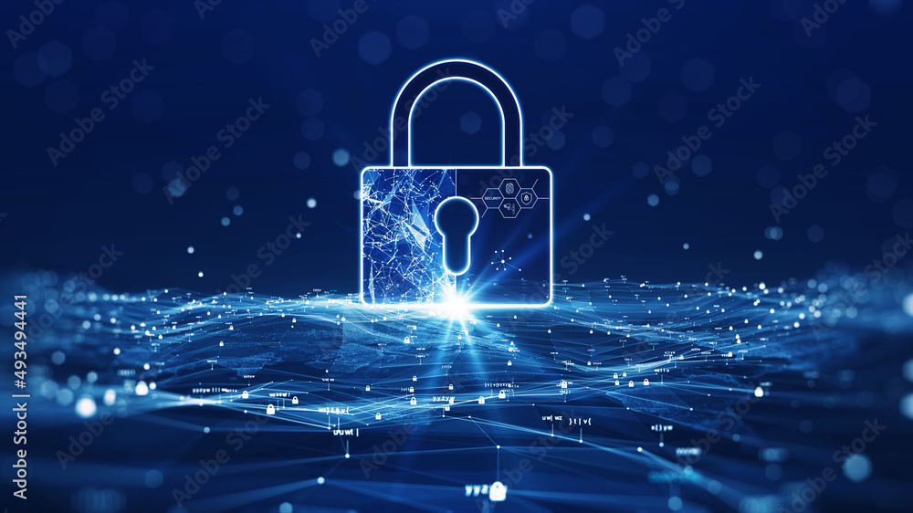 Aufkleber cybersecurity technology concept data protection and privacy. the large padlock is centered prominen