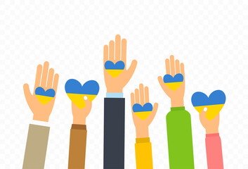 Obraz premium People give hearts in Ukrainian flag colors in palm hand. Concept of charity and donation for Ukraine. Flat style illustration isolated on transparent background. Vector.