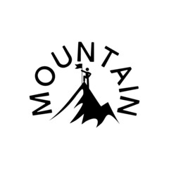 Man win on peak mountain with flag icon isolated on white background