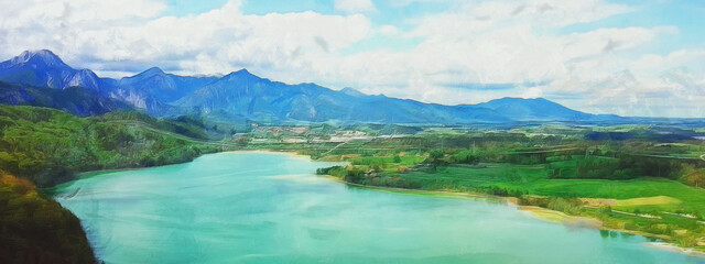 River in a mountain valley, clouds in the sky, wide panoramic view