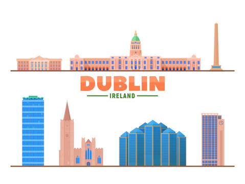Dublin landmarks on a white background. Isolated objects. Flat vector illustration. Business travel and tourism concept with modern buildings. Image for banner or web site.