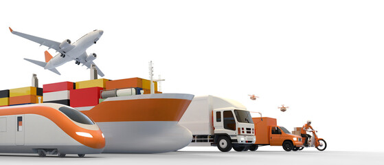 Logistics industry and transportation concept of a truck, boat, plane, train, Motorcycle Delivery, drones for logistic Import-export on isolated Background-3d Rendering