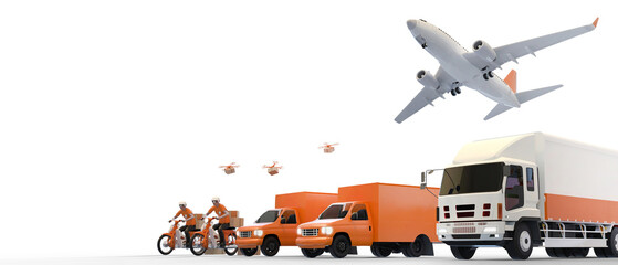 Logistics industry and transportation worldwide cargo concept of a truck, plane, Motorcycle Delivery, drones for logistic Import-export on isolated Background-3d Rendering