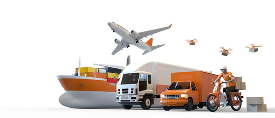 Logistics industry and transportation concept worldwide cargo of truck, boat, plane, Motorcycle Delivery, drones for Import-export on isolated Background -3d Rendering