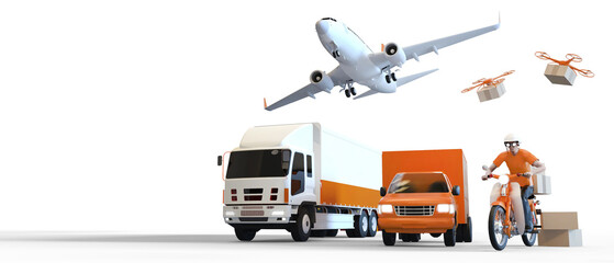 Logistics industry and worldwide cargo transport concept of a truck, plane, Motorcycle Delivery, drones for Import-export on isolated Background-3d Rendering