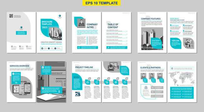 Brochure creative design. Multipurpose universal template, include cover, back and inside pages. Trendy minimalist flat geometric design. Vertical a4 format.
