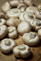 Champignons on a wooden background. Fresh white mushrooms. A lot of mushrooms